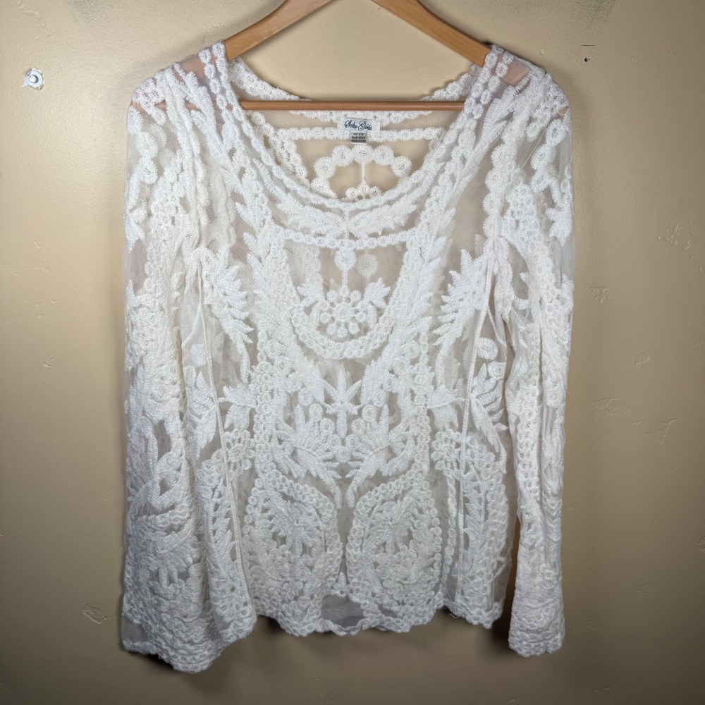 Soho Girls Lace Top Women OS White Floral Embroidery Wide Arms Boho Festival